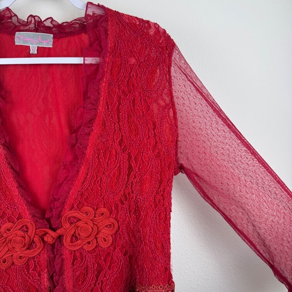 PRETTY ANGEL Gorgeous Red Gypsy Goth Boho Lace One Button Ruffle Top / Size XL - Picture 6 of 16